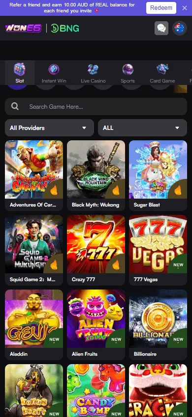 Won66 Casino mobile games area with slots and casino options