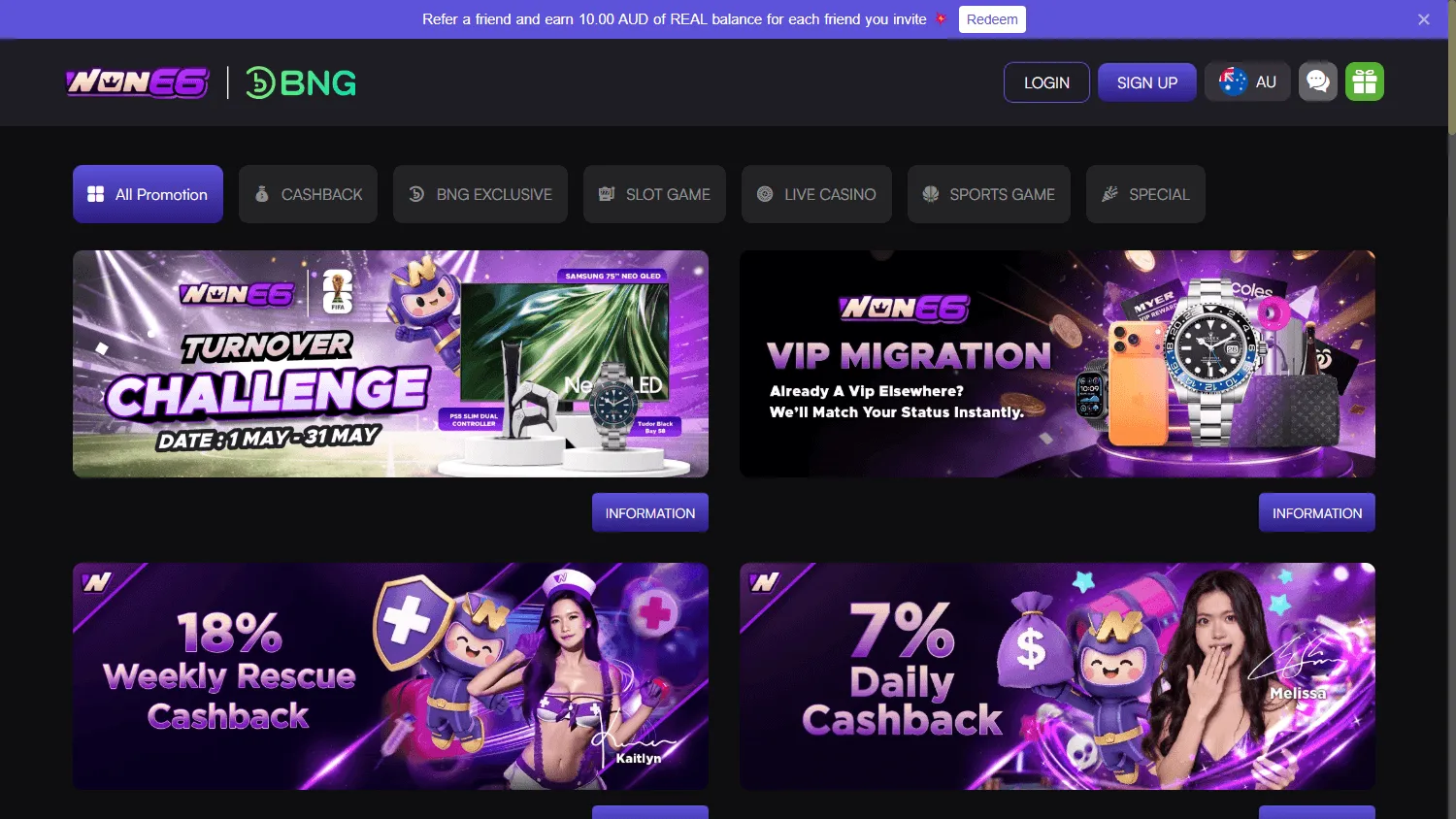 Won66 Casino desktop promotions area with bonus offers