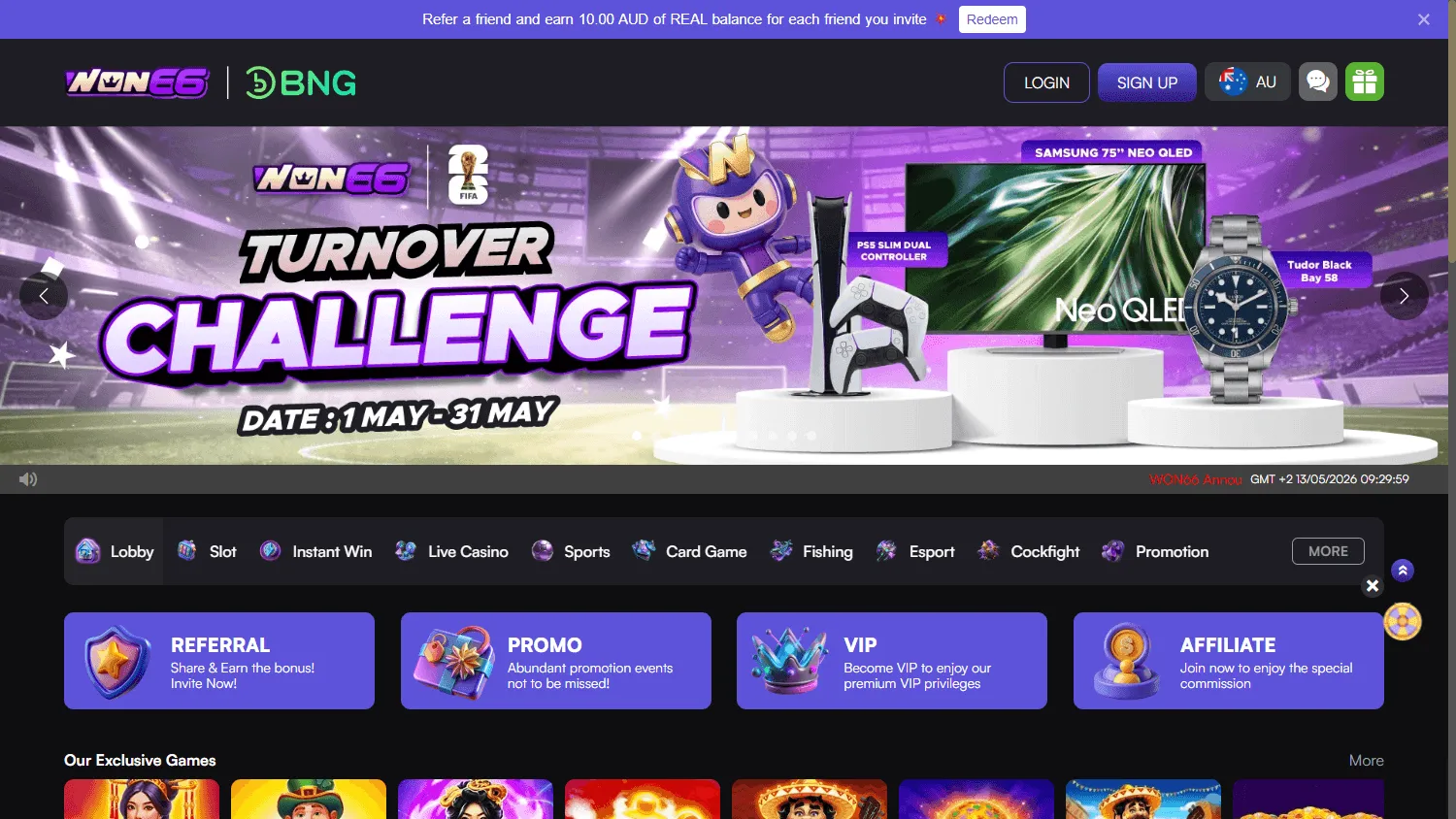 Won66 Casino desktop home with AUD welcome offers