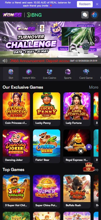 Won66 Casino mobile home with AUD casino offers