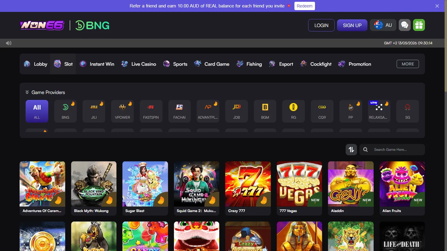 Won66 Casino desktop games area with casino and betting categories